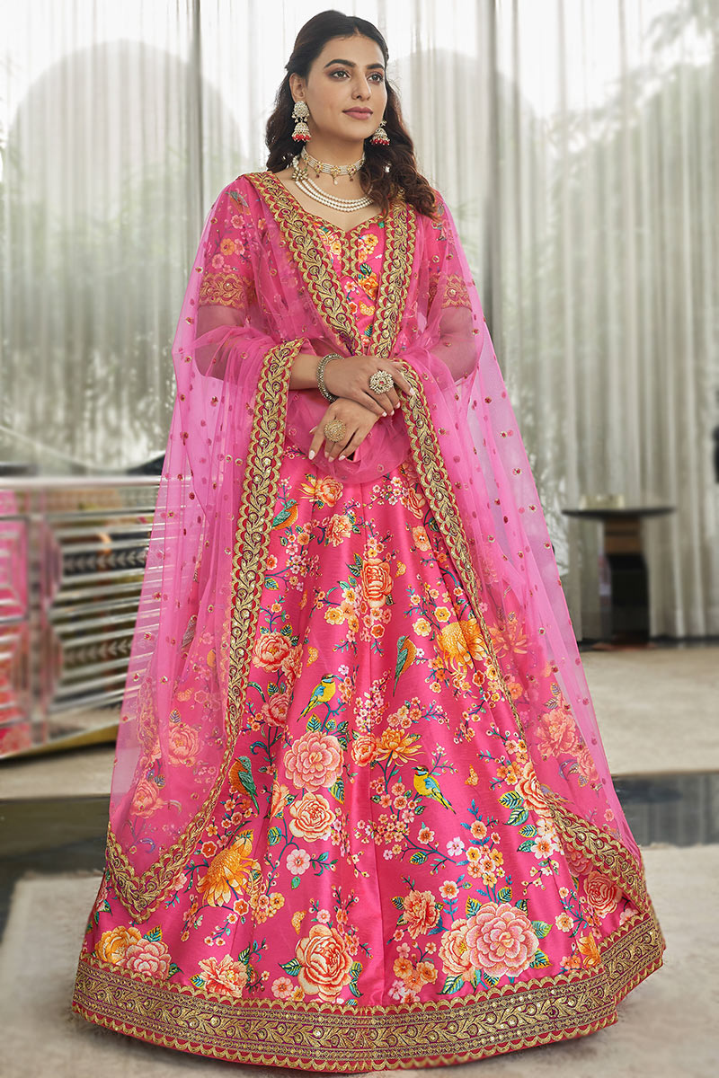 Art Silk Punch Pink Printed Panelled Style Lehenga