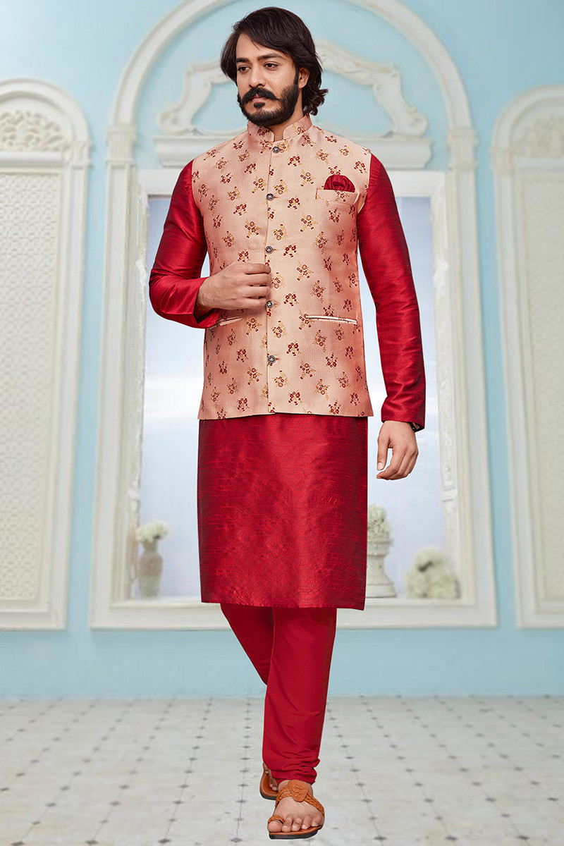 Art Silk Ruby Red Jacket Style Men s Kurta Churidar MKPA06248
