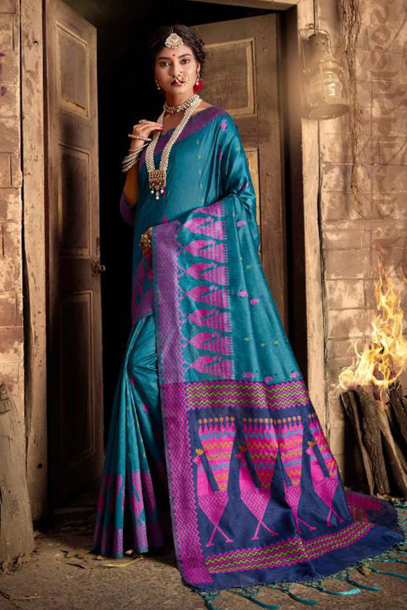 Designer Dark Sky Blue Soft Silk Saree – Sareewave