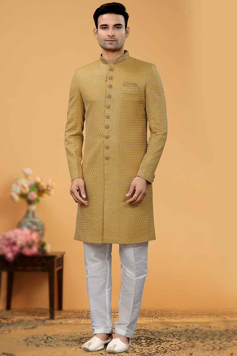 Art Silk Trombone Yellow Men Sherwani