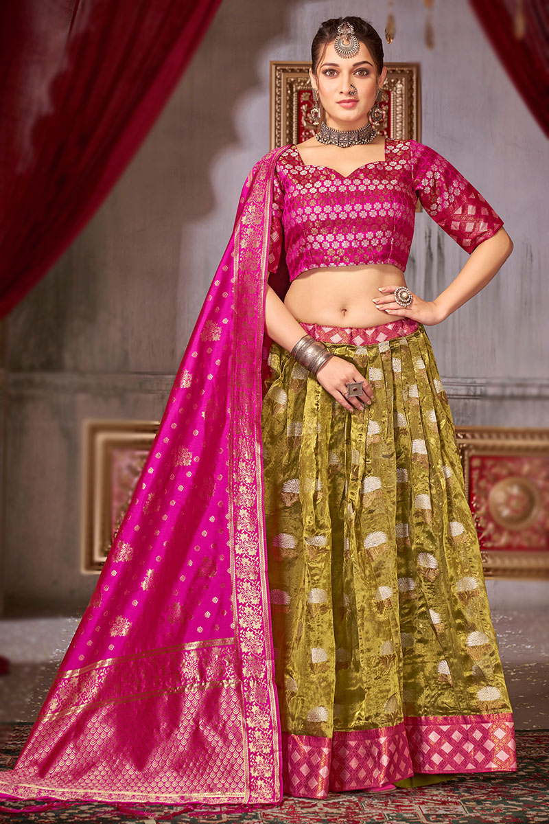 Art Silk Trombone Yellow Zari Weaved Flared Style Lehenga