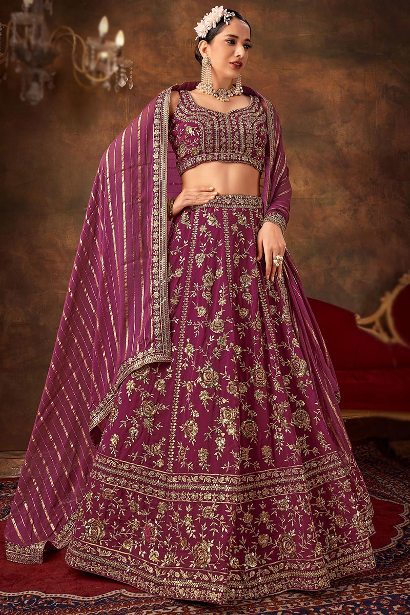 Wine Maroon Georgette Embroidered A-Line Lehenga