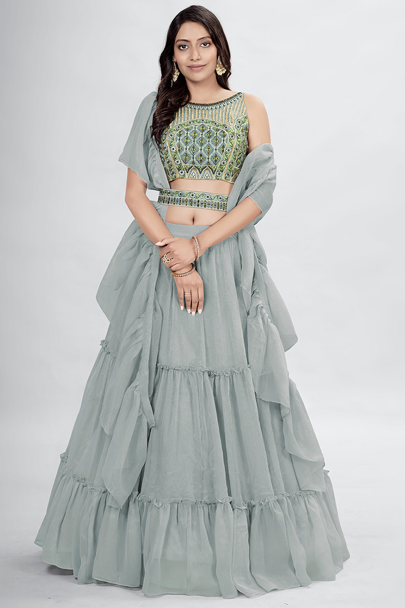 Ash Grey Chiffon Embroidered Lehenga