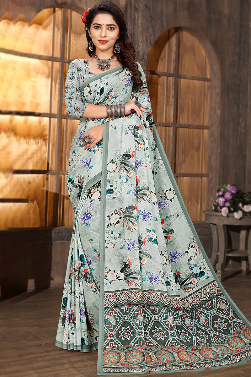 Lavender color floral designs printed fancy georgette saree with all-over  micro stone embroidery