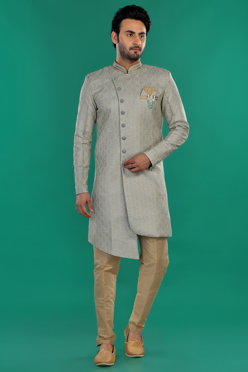 Ash Grey Jacquard Weaved Thread Assymetrical Men's Sherwani