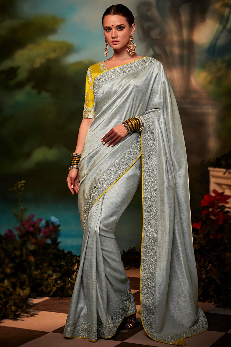 Grey embroidered & ruffle-style readymade lycra designer catalog saree with  semi-stitched matching embroidered blouse