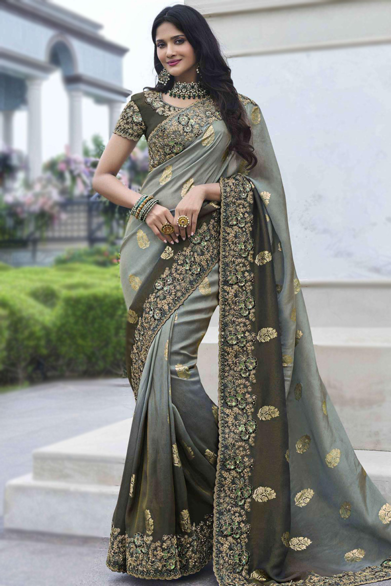 Ash Grey Viscose Silk Embroidered Ombre Saree