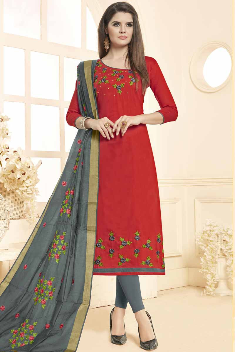 Attractive Red Cotton Churidar Suit With Resham Work