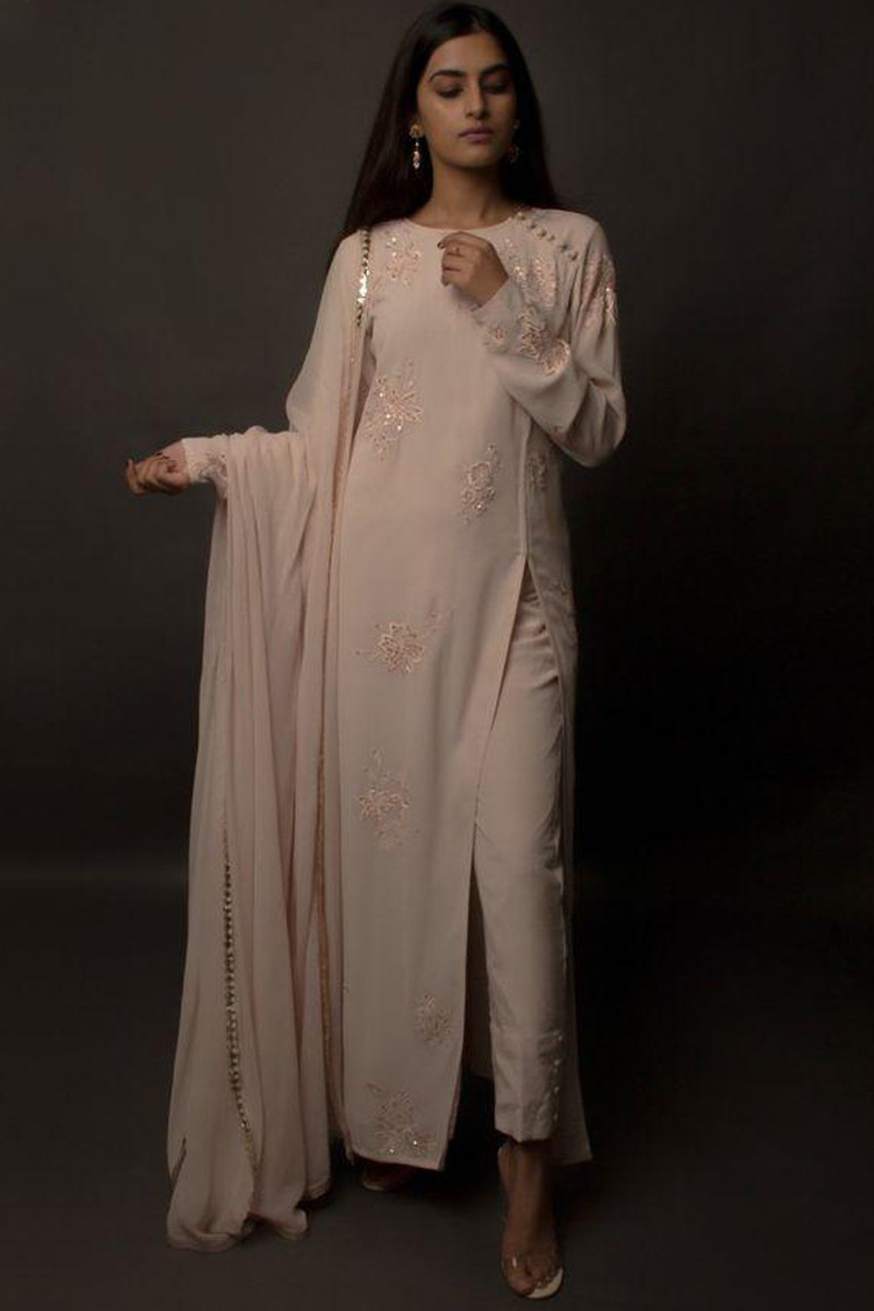 Buy Baby Pink Georgette Embroidered Silk Pant Suit Online