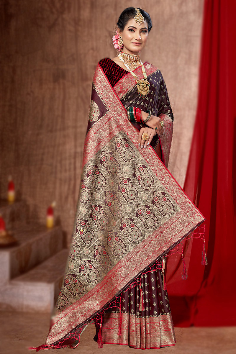Indian Banarasi Saree for women with Dark Green With Maroon Combination in  Saree And Maroon Blouse | Silk sarees, Blouses for women, Saree designs