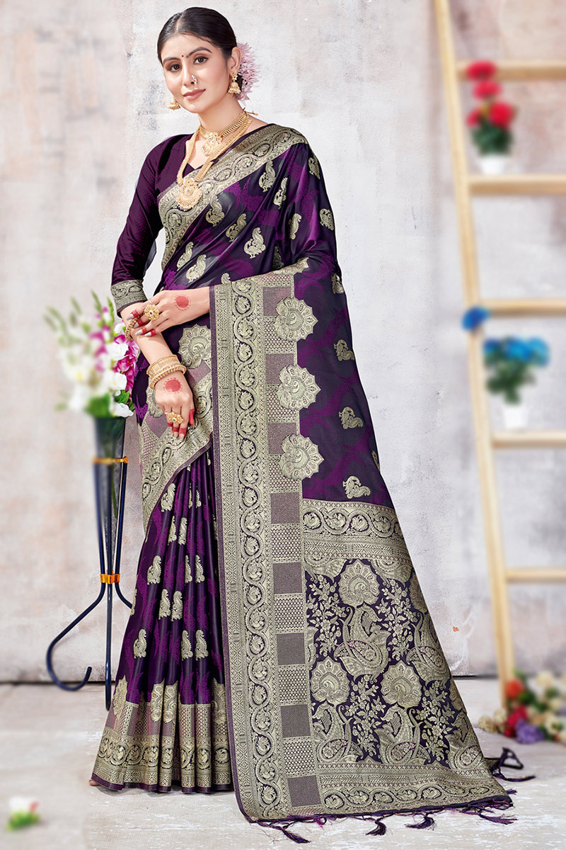 Dark Purple Pure Banarasi Silk Saree with Antique Real Zari Weaving | TST |  The Silk Trend