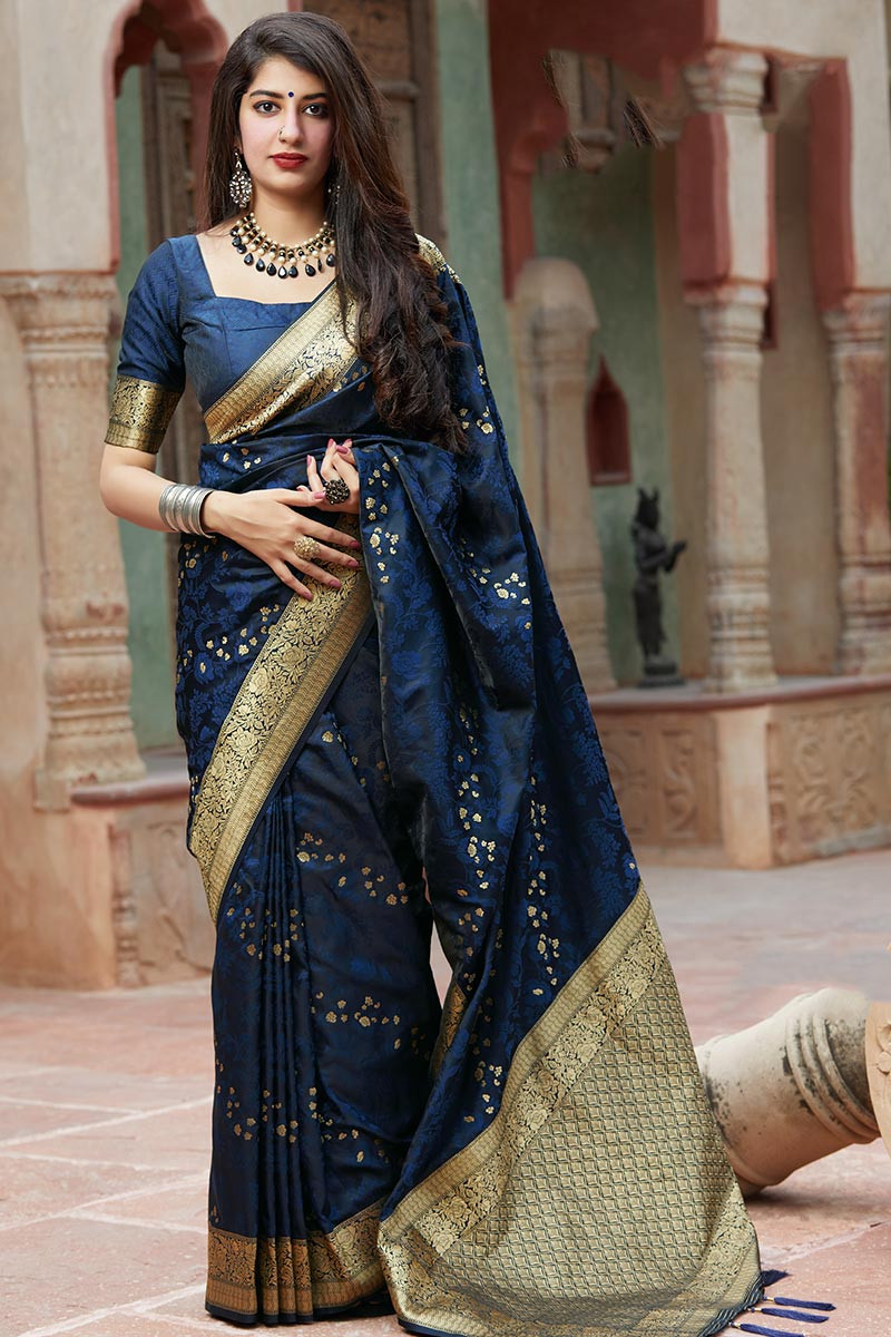 Banarasi Silk Indian Wear Saree In Navy Blue Color
