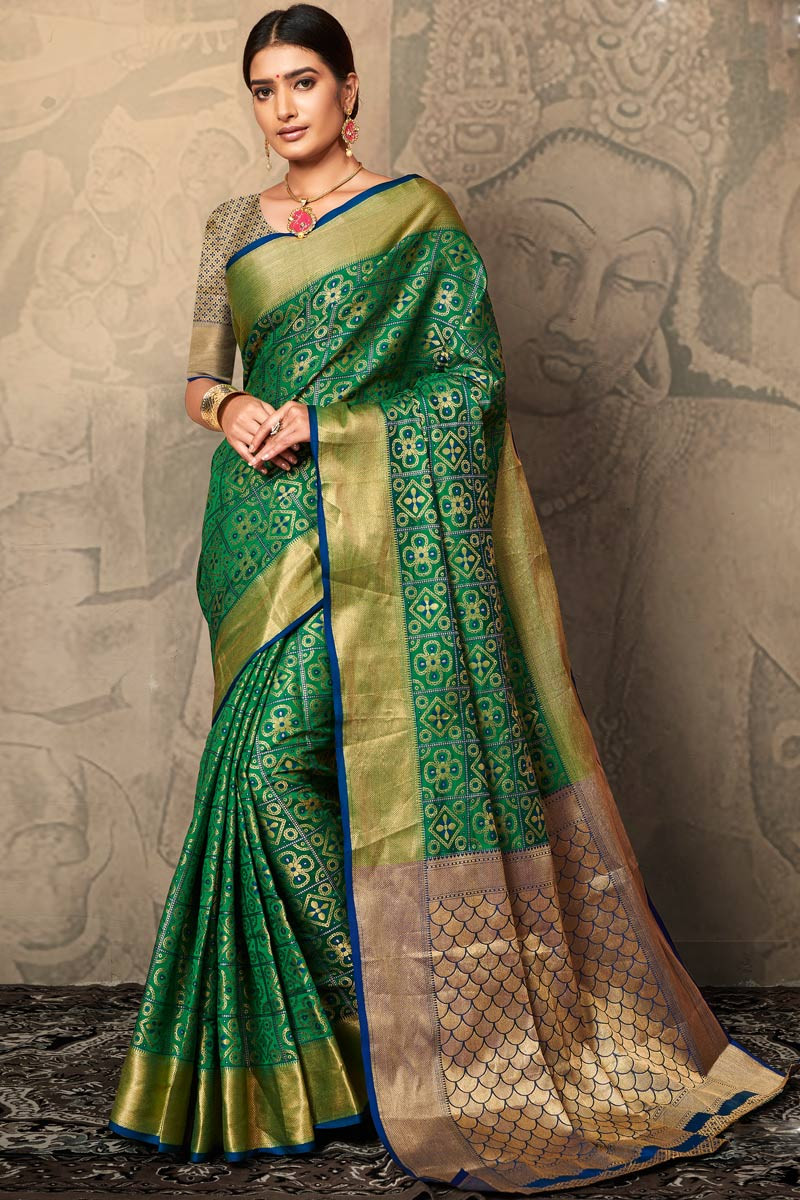 banarasi silk indian wear saree in parrot green color sarv07337