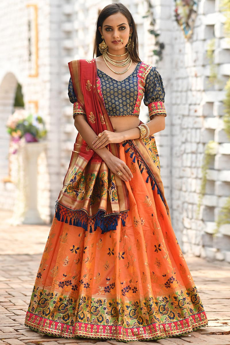 Buy Multi Colour Banarasi Silk Embroidered Lehenga Choli Online : USA, UK -