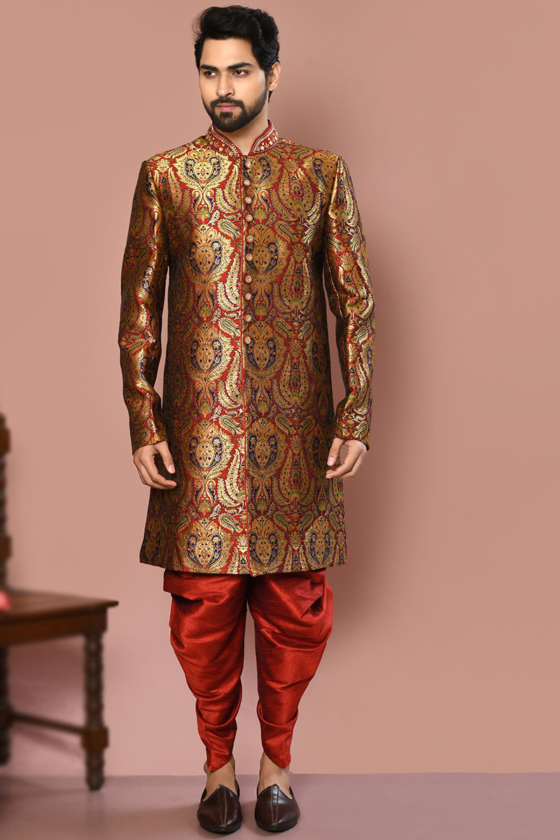 Wedding Shop Banarasi Silk Maroon Men Sherwani With Woven Zari