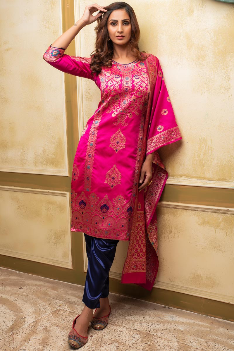Pink Color Anarkali kurtis with Pant and Cotton Dupatta
