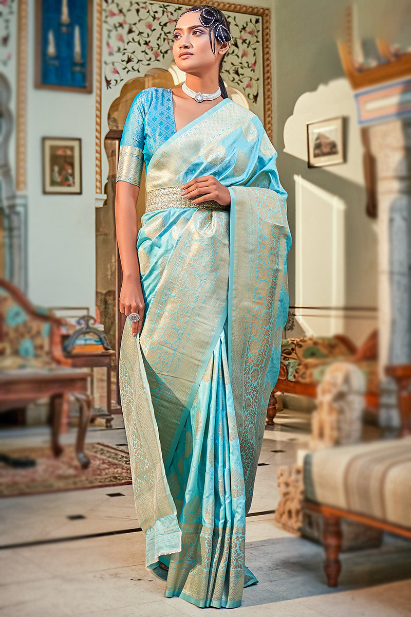 Classy Design Embroidery Work Sky Blue Chinon Silk Saree – Organza Mall