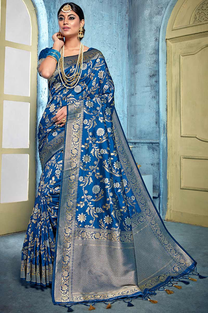 Buy Banarasi Silk Wedding Wear Saree In Azure Blue Color Online SARV07159 Andaaz Fashion