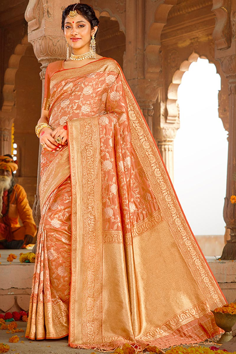 Banarasi Pure Silk Georgette Saree in Peach : SNEA1936