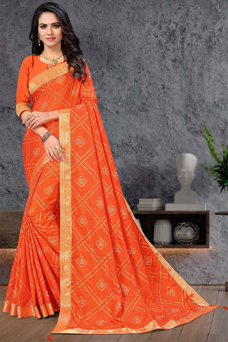 Orange Colour Kancheepuram Traditional Plain Saree having Golden Contrast  Border and Contrast Blouse