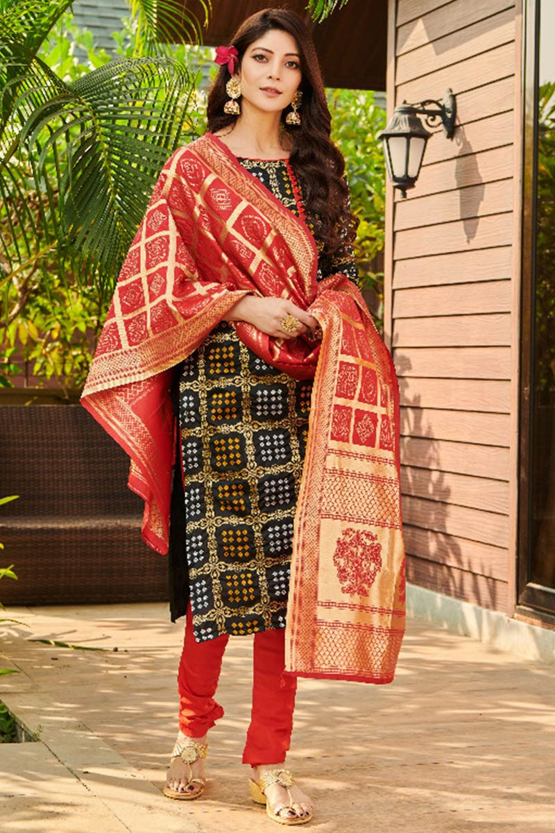 Fashion Blouses Bandhej Print Black Churidar Suit LSTV110631