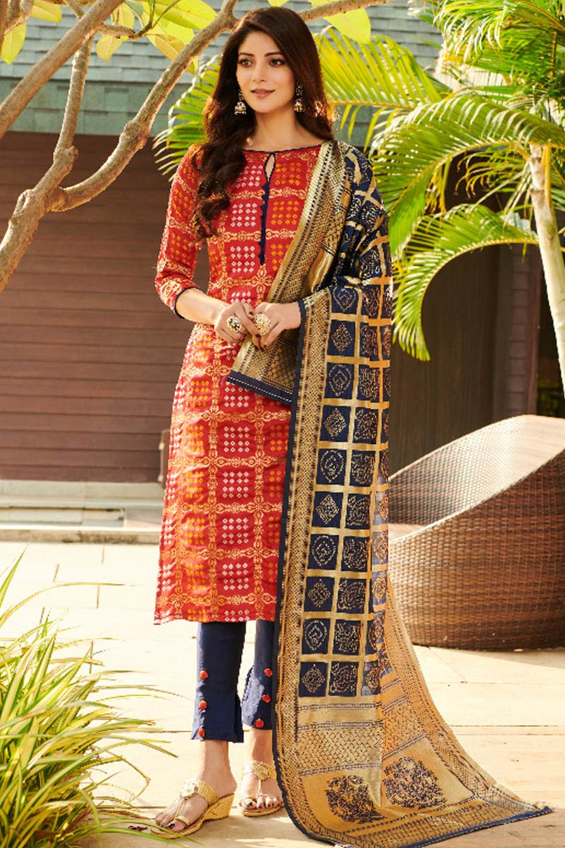 Bandhej Print Art Silk Red Trouser Suit