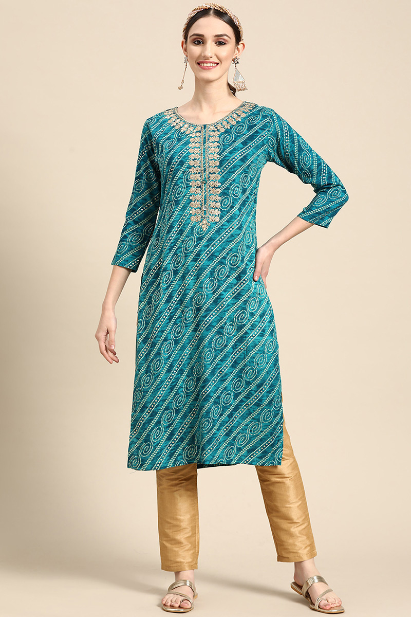Bandhej Print Embroidered Rayon Peacock Blue Kurti