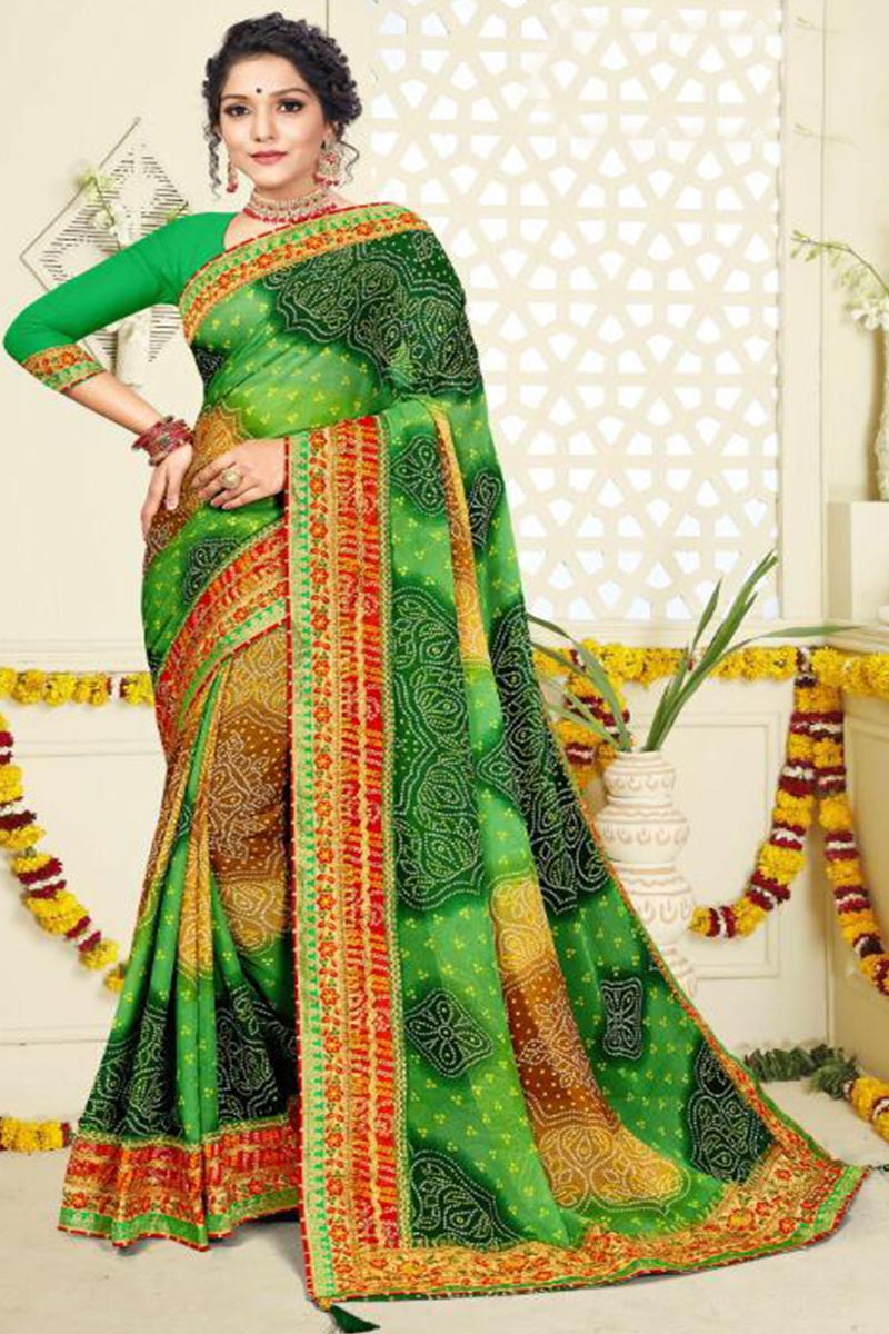 Bandhej Print Georgette Green Saree