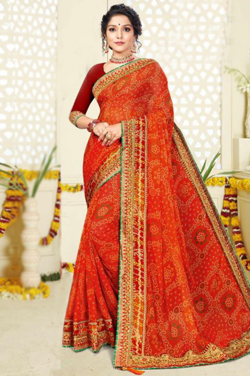 Bandhej Print Georgette Orange Saree