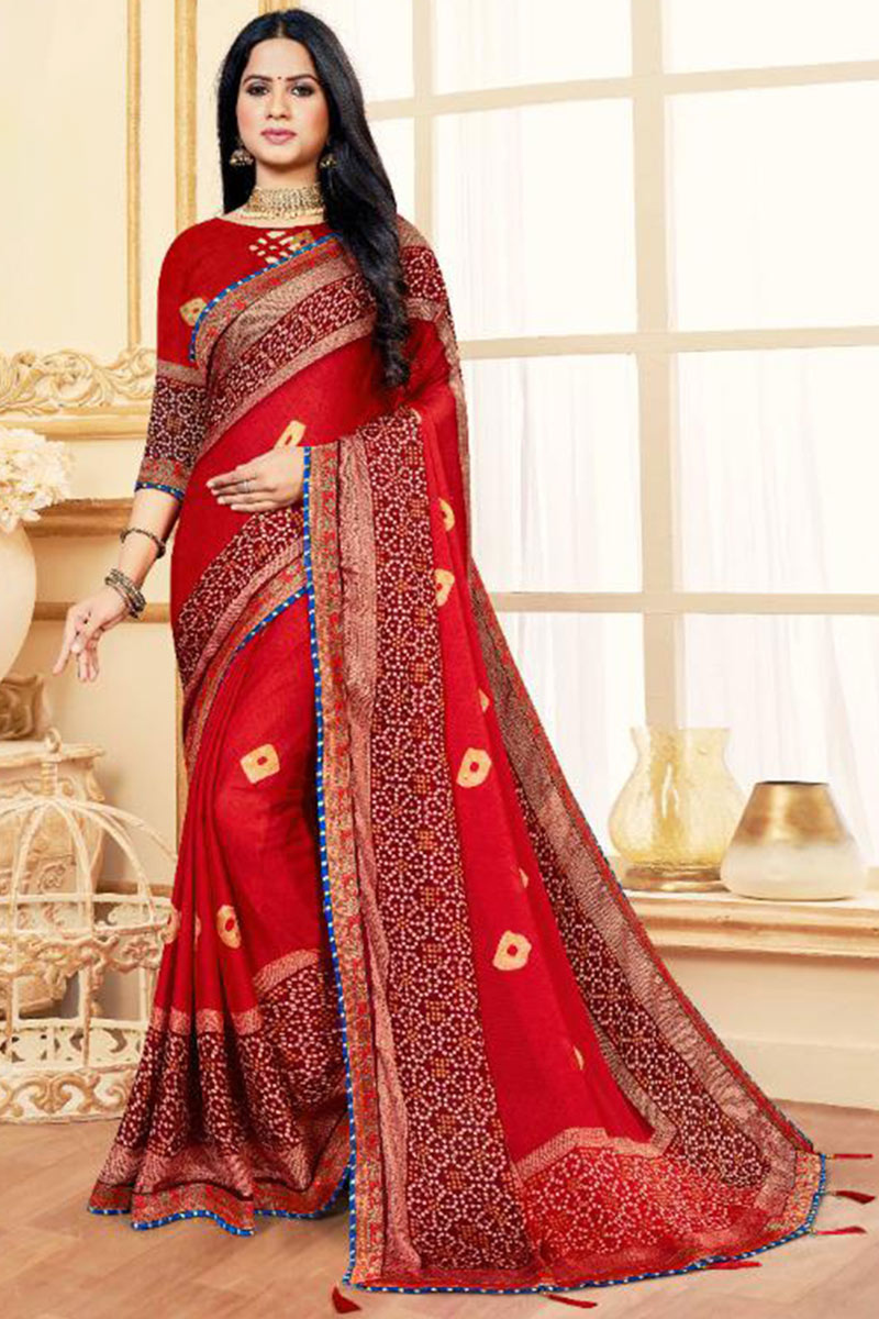 Bandhej Printed Chiffon Cherry Red Saree
