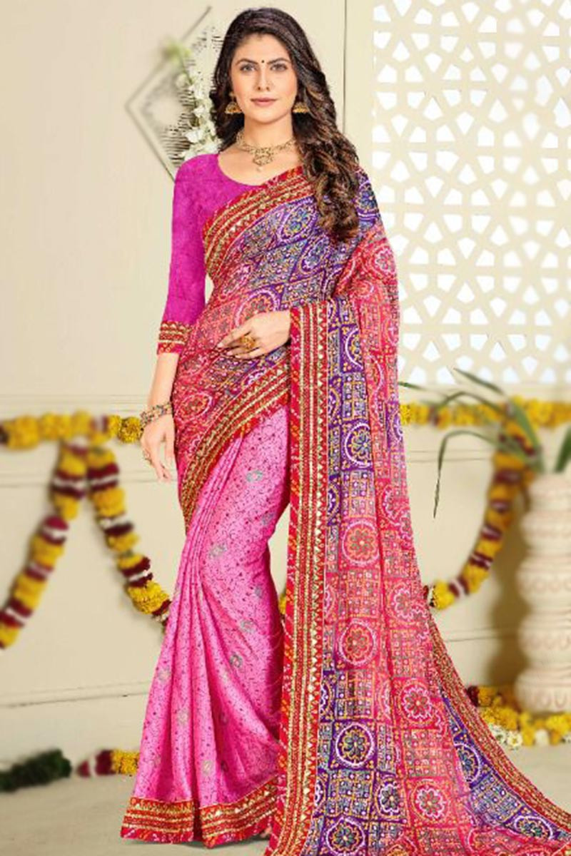 Red and Pink Bandhej Print Chiffon Saree with Lace