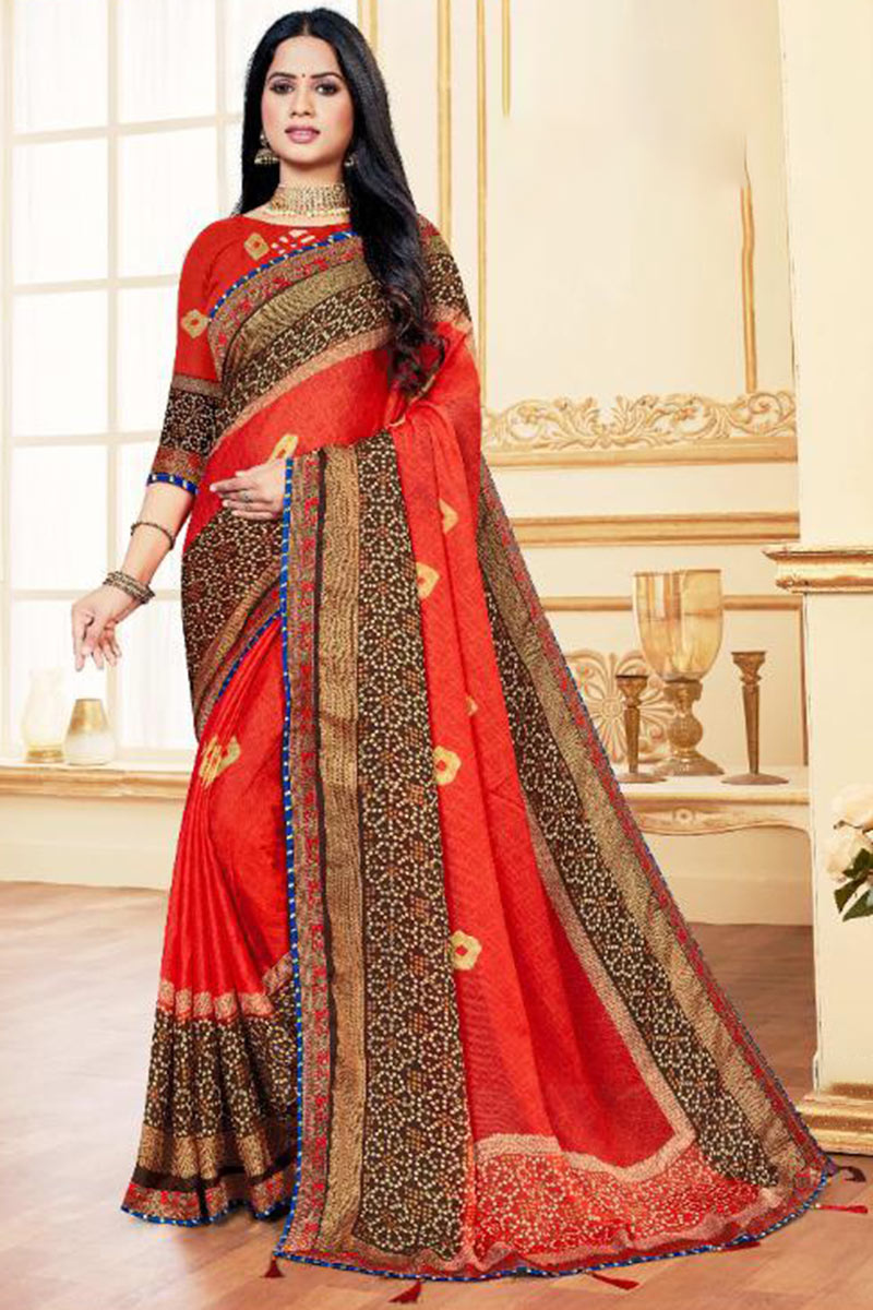 Red Chiffon Saree for Casual Wear with Bandhej Print