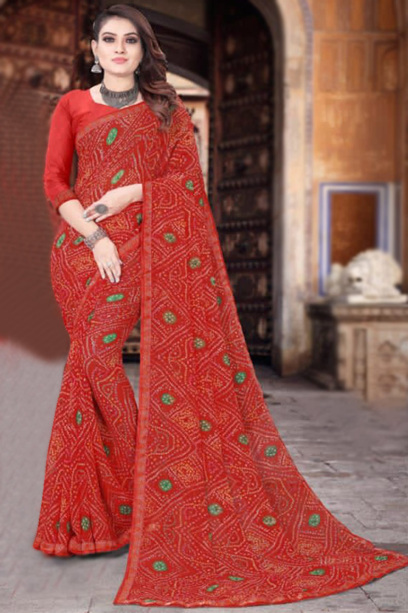 Bandhej Printed Georgette chilly Red Saree
