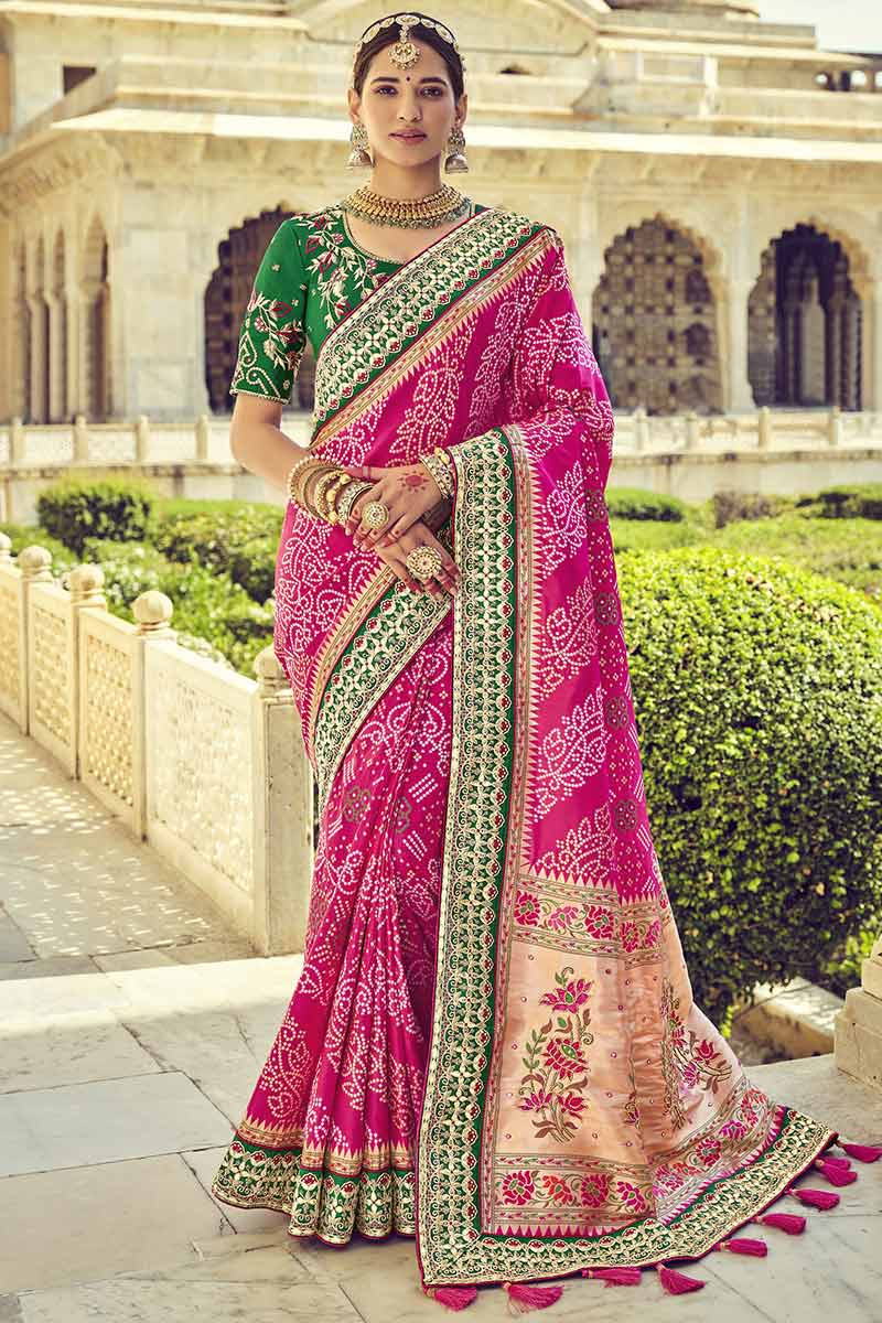 Bandhej Printed Silk Rani Pink Saree