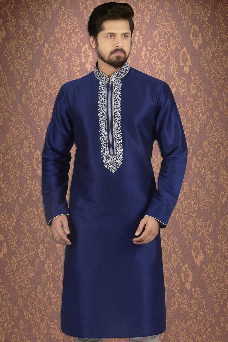 Buy Banglori Silk Kurta In Dark Blue Colour Online MKPV0159