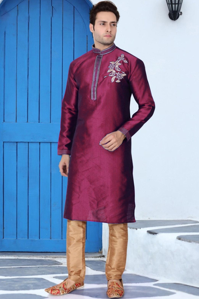 Buy Banglori Silk Ready Made Kurta Pajama In Magenta Colour Online MKPV0137