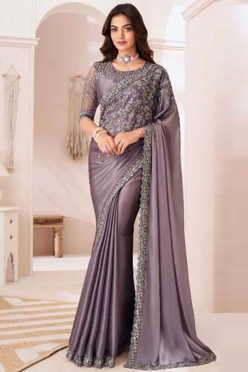 Beads Embroidered Dusty Mauve Chiffon Sangeet Saree