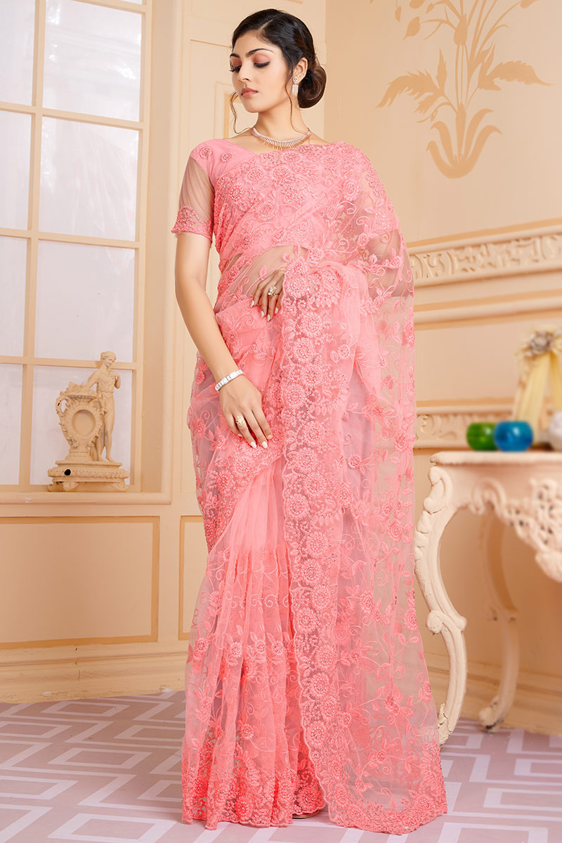 Beads Embroidered Net Pink Saree
