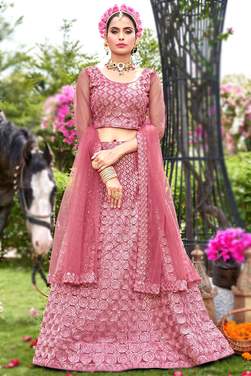 Beautiful Thread Embroidered Net Lehenga In Blush Pink 