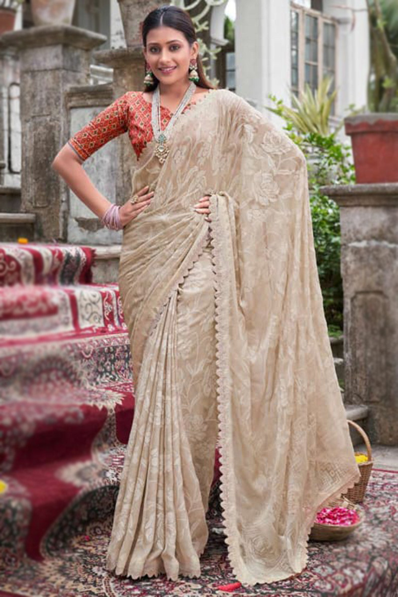 Buy Bansari Textiles Embellished, Applique Bollywood Art Silk Beige Sarees  Online @ Best Price In India | Flipkart.com