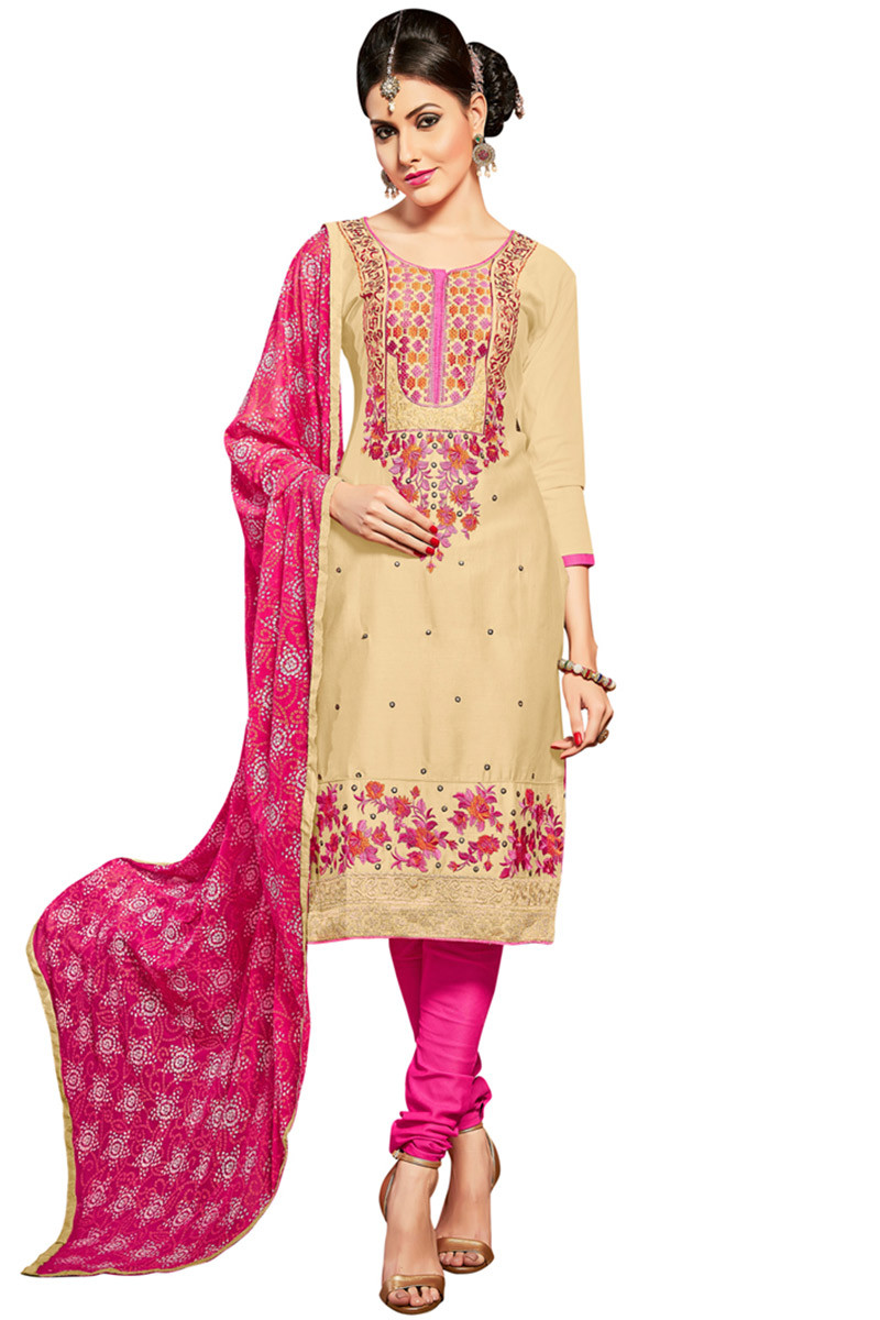 Beige Cotton Embroidered Churidar Suit