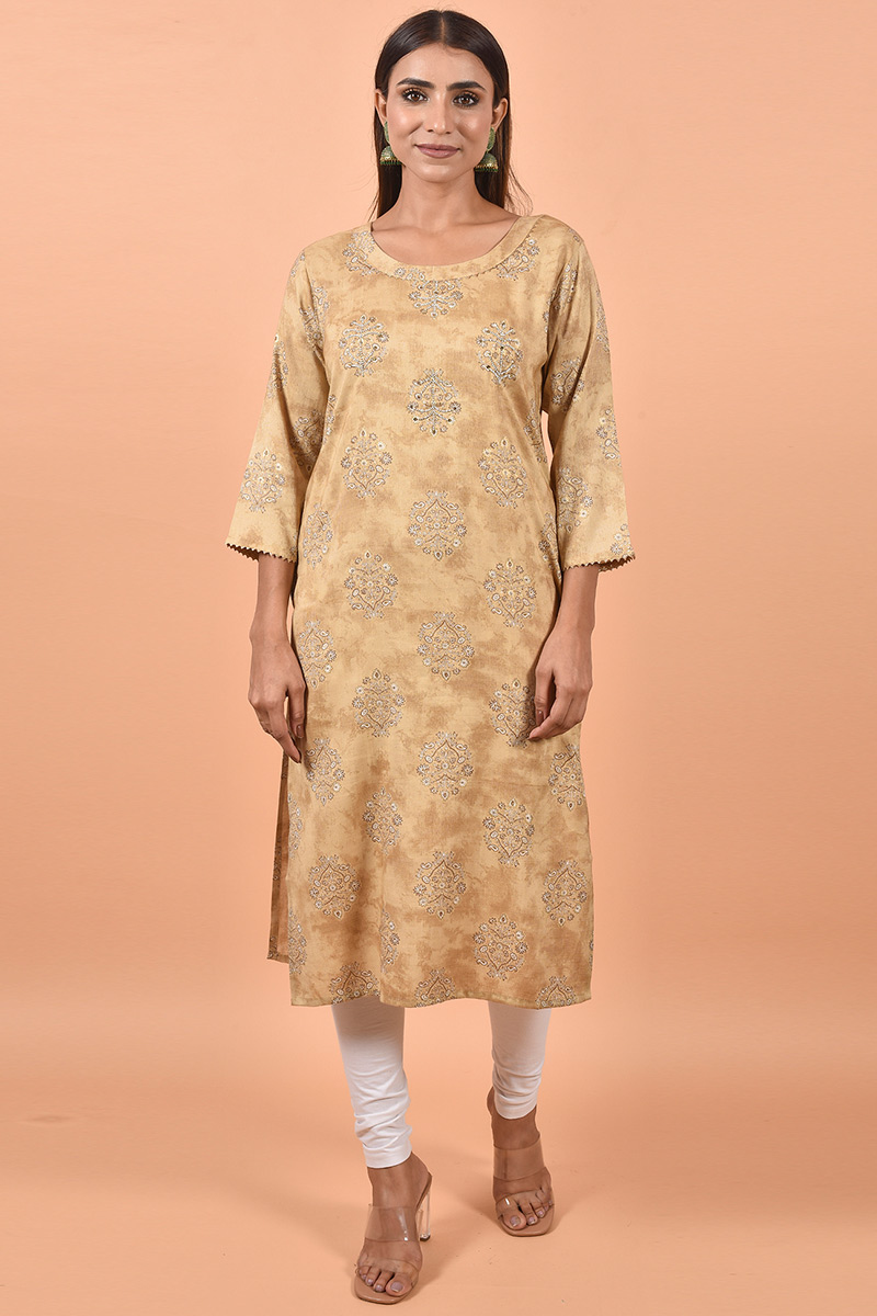 Beige Cotton Kurti With Printed