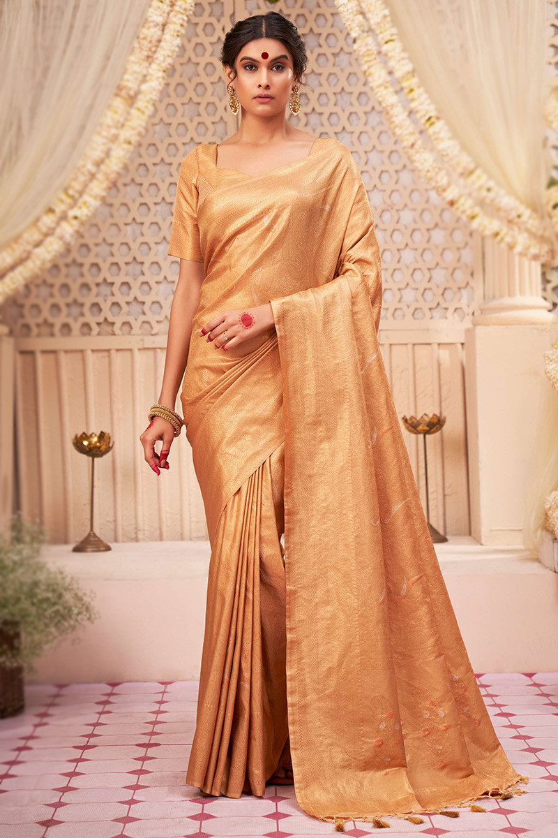 Coconut & beige gold hand embroidered tiered sari set – Arpita Mehta  Official