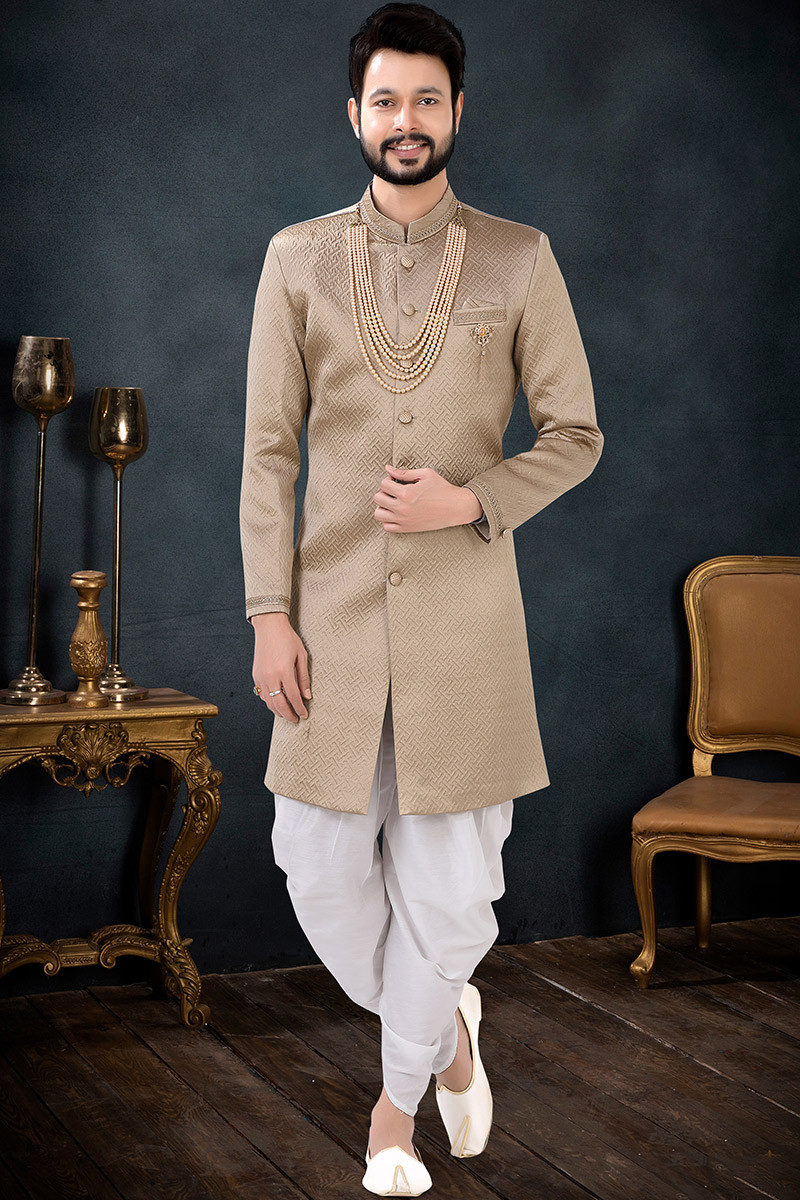 Sangeet Weaved Thread Embroidered Beige Men Sherwani in Jacquard