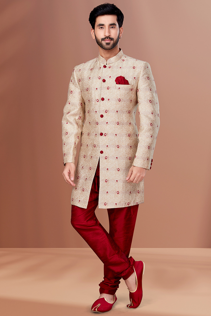 Jacquard Men Sherwani with Zari Embroidery in Beige for Wedding 