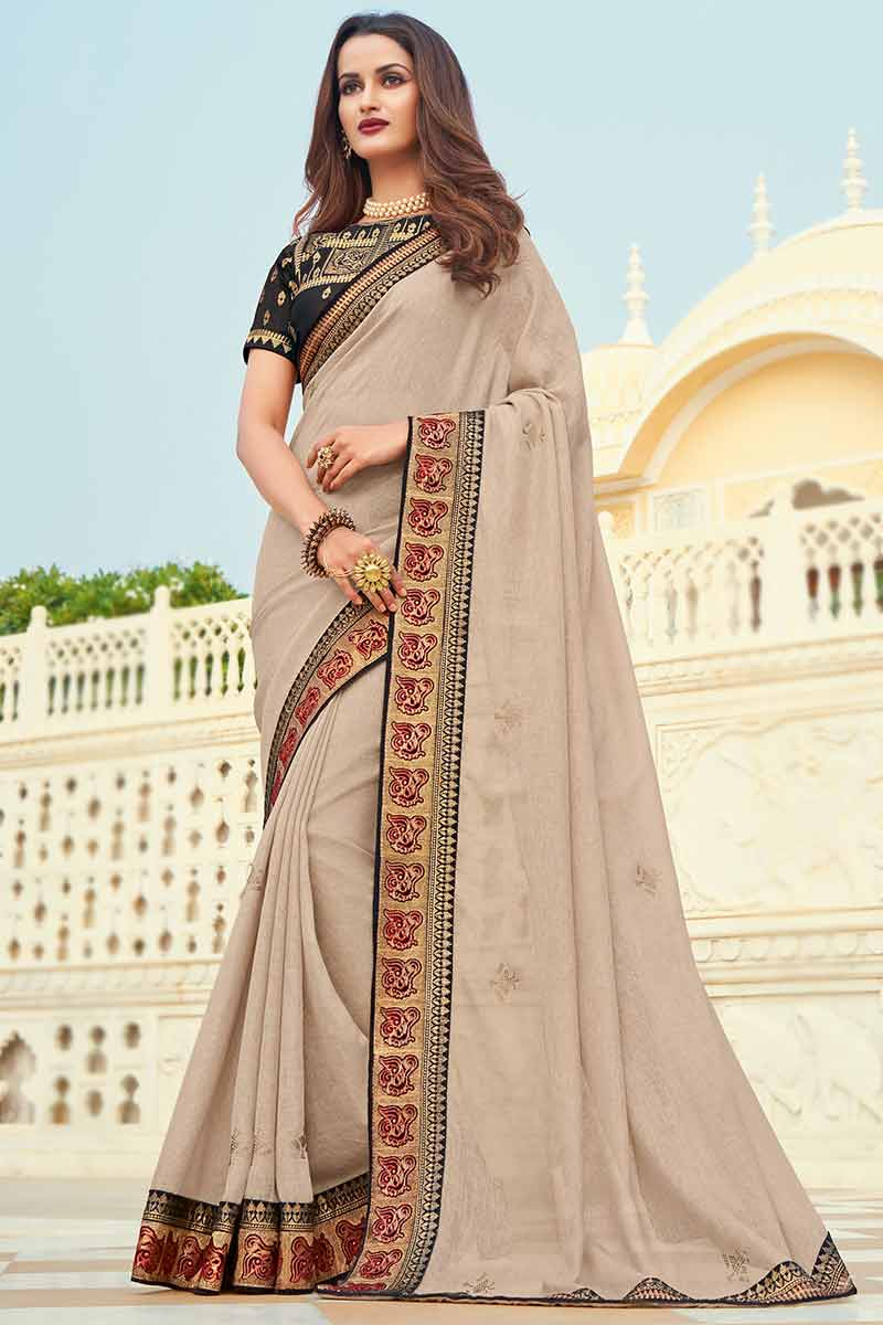 Beige Jute Embroidered Party Wear Saree