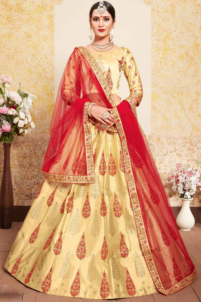 Red and Beige Satin Lehenga with Satin Choli and Net Dupatta