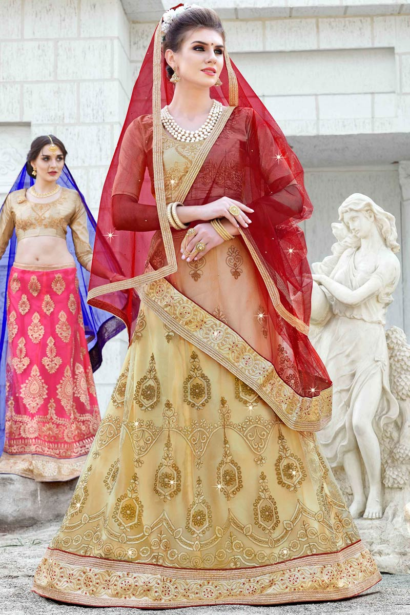 Beige Net Zari Embroidered Lehenga