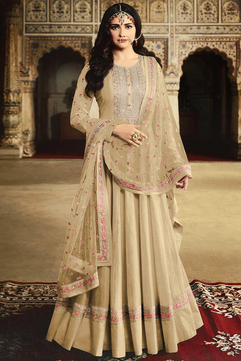 Buy Beige Raw Silk Anarkali Suit With Resham Work Online LSTV05826 Andaaz Fashion