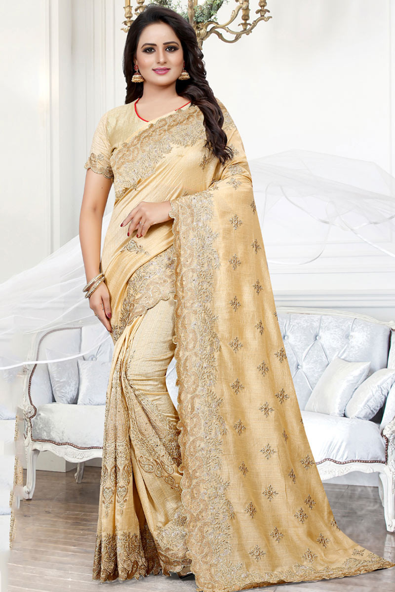 Buy Beige Raw Silk Indian Saree With Raw Silk Blouse Online - SARV03764